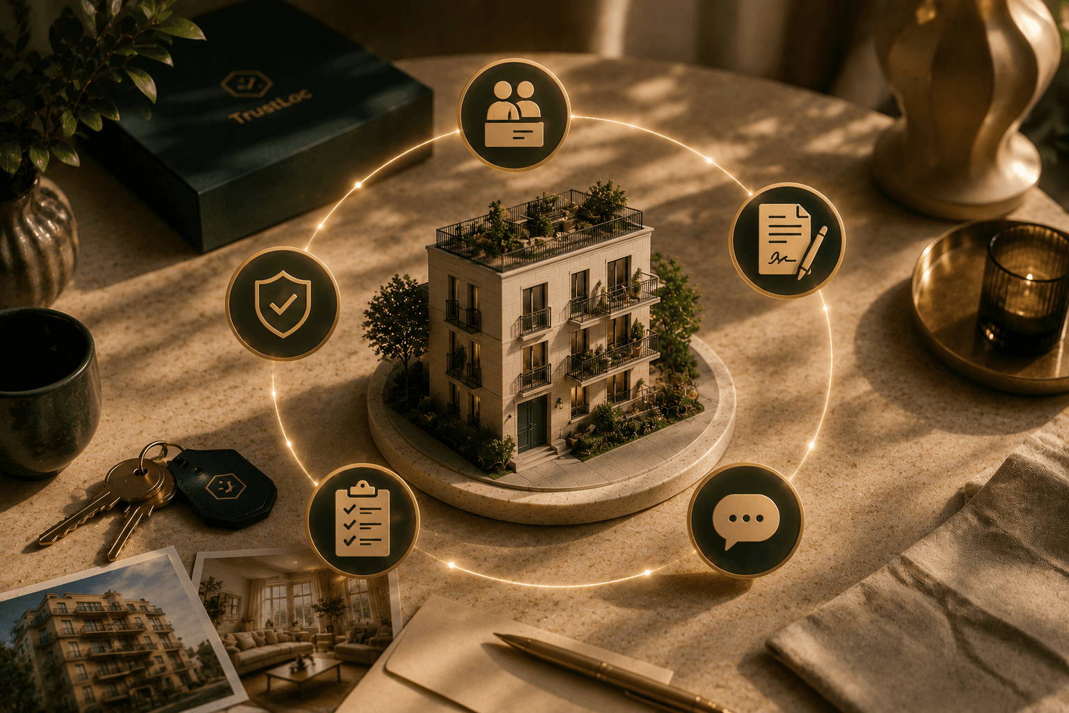 Immeuble 3D TrustLoc entouré d’icônes de location, documents, calendrier, paiement et validation