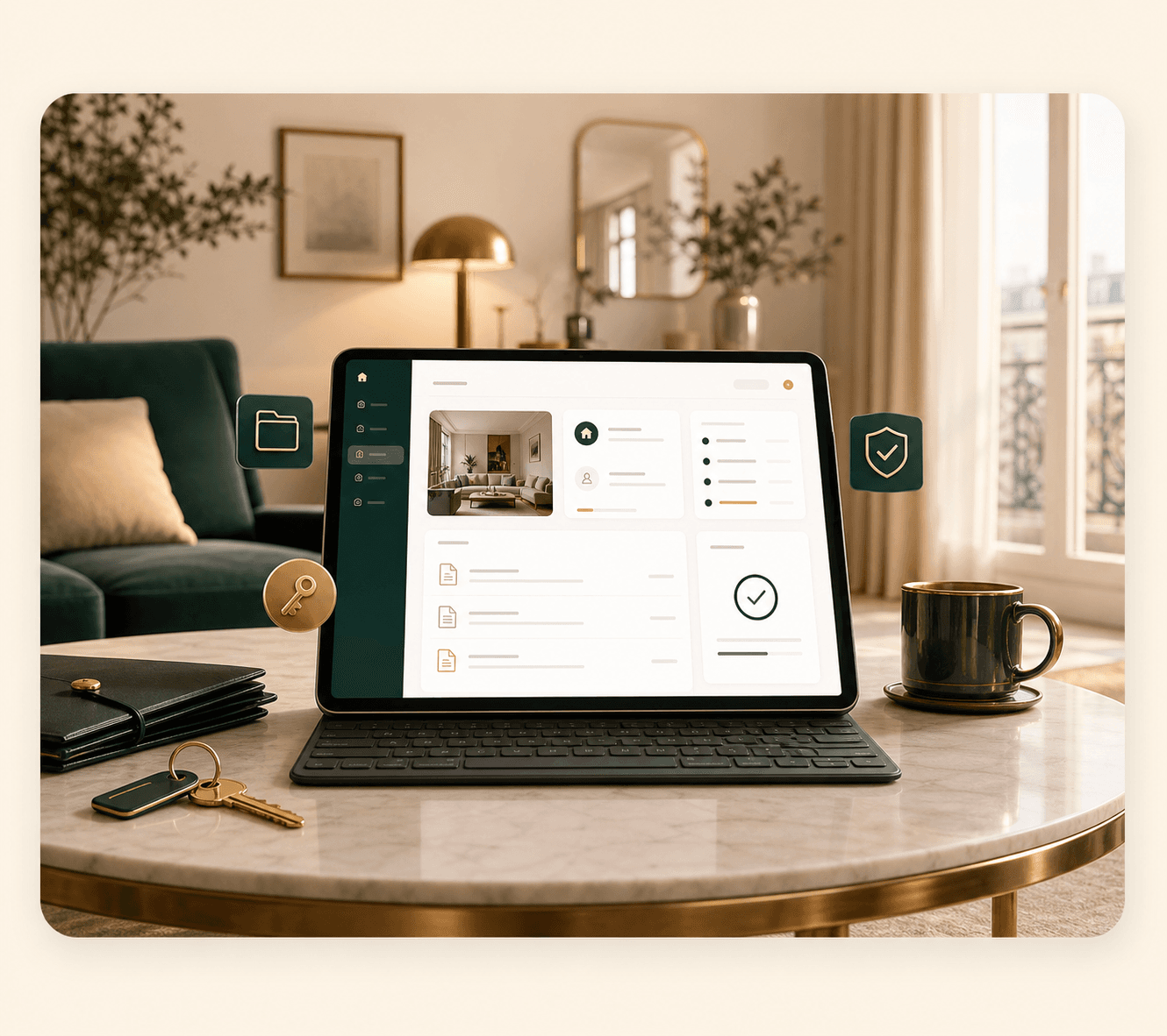 Espace locataire TrustLoc avec ordinateur et documents dans un intérieur premium